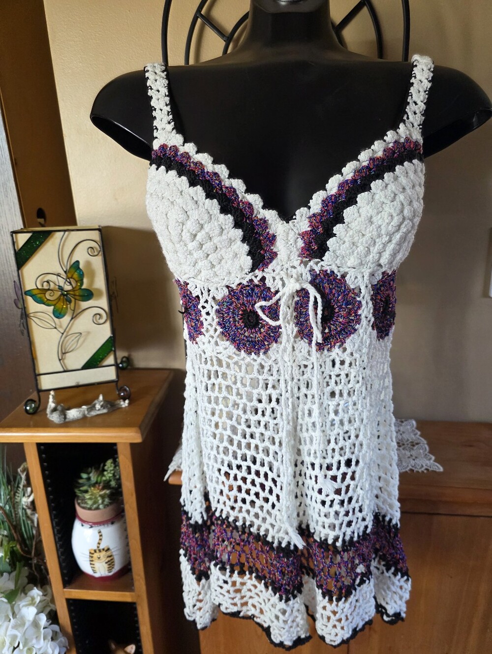 Handmade White Crochet Dress Top Cover-Up Size S